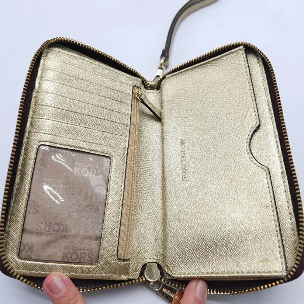 Michael Kors Brown Gold Glitter Wristlet Wallet With Zip Closure